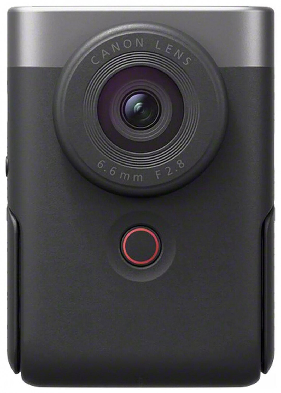 Czarny i srebrny aparat Canon z czerwonym przyciskiem i obiektywem.