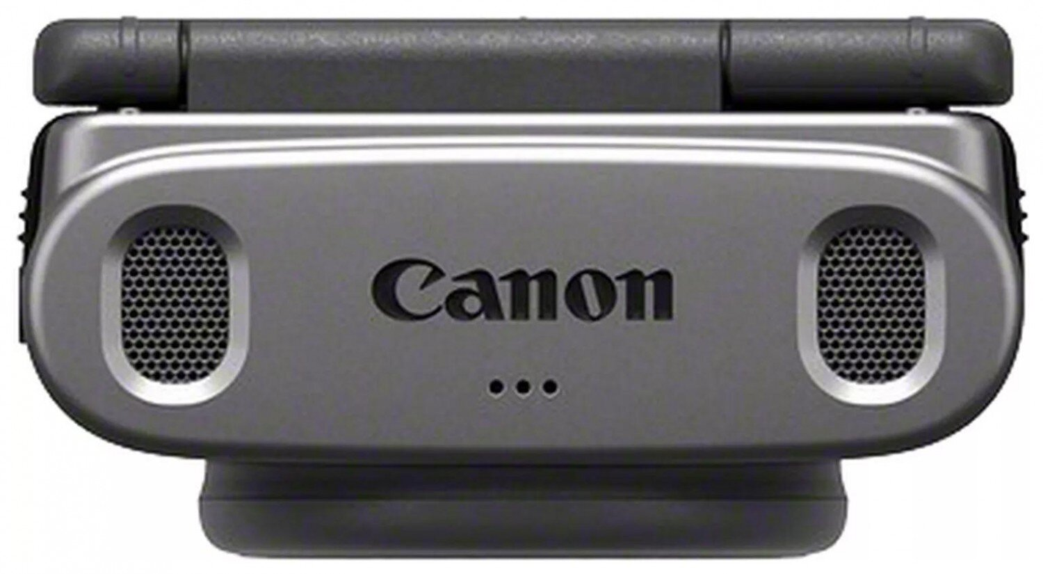 Srebrny mikrofon Canon z dwoma otworami. Widoczny tekst Canon. Elegancki design, kompaktowy rozmiar.