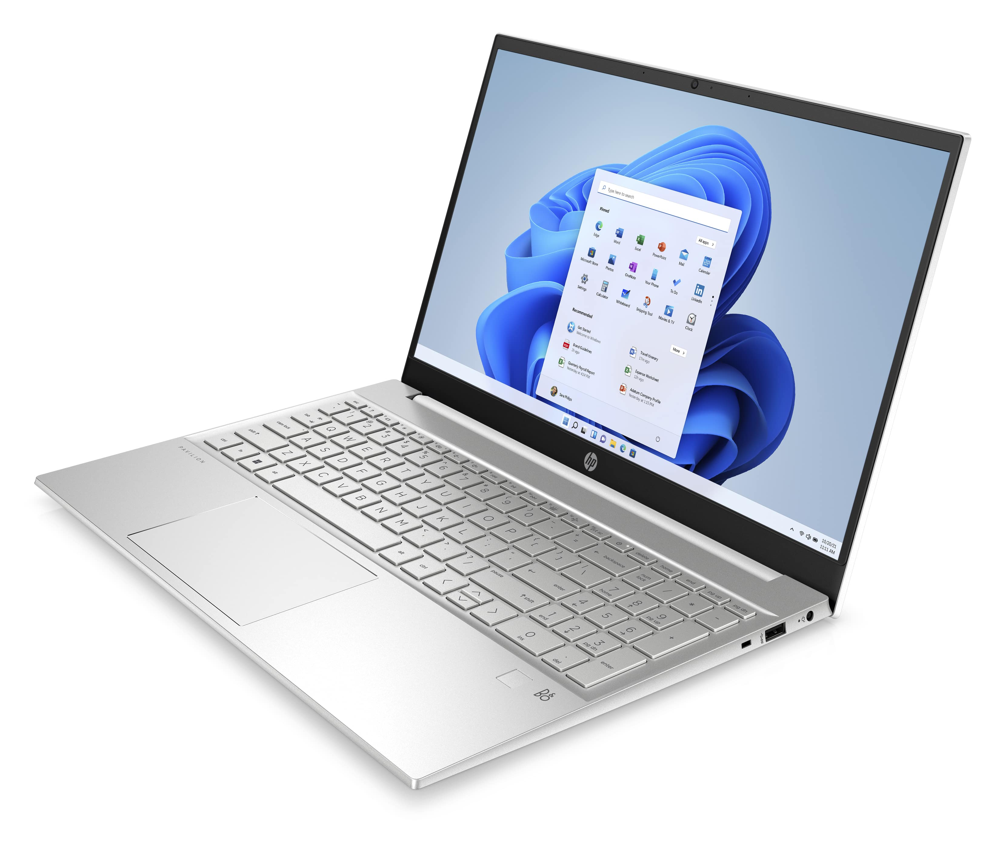 Laptop plateado abierto con pantalla Windows 11. Fondo blanco.