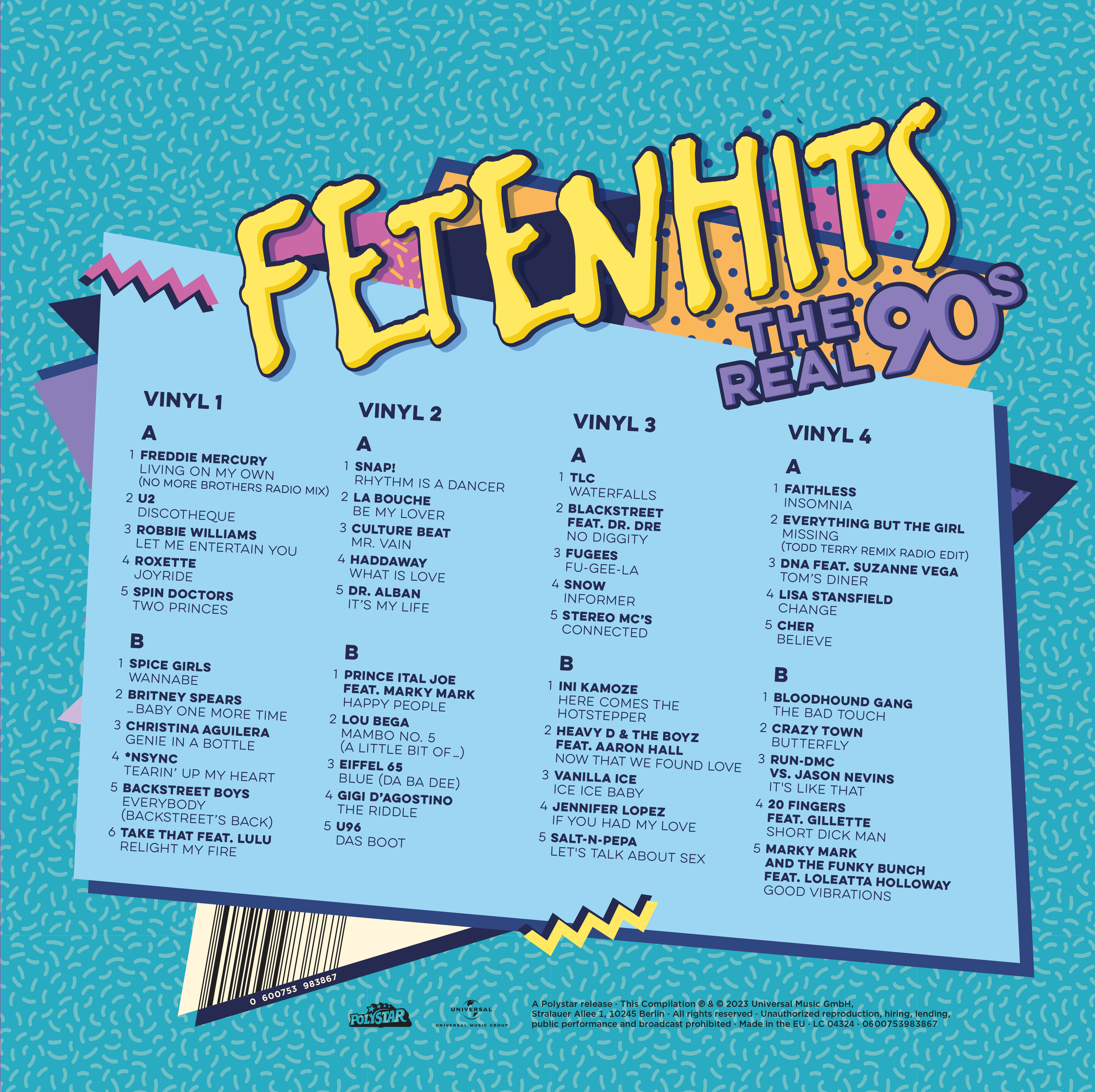 Albumcover, 'Fetenhits The Real 90's', Trackliste und verschiedene Logos.
