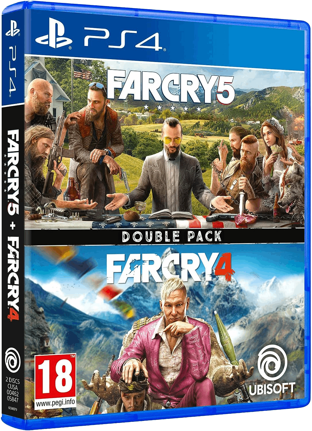 Portada del juego de PS4: Far Cry 5 + Far Cry 4 Double Pack. Personajes y título del juego son visibles.