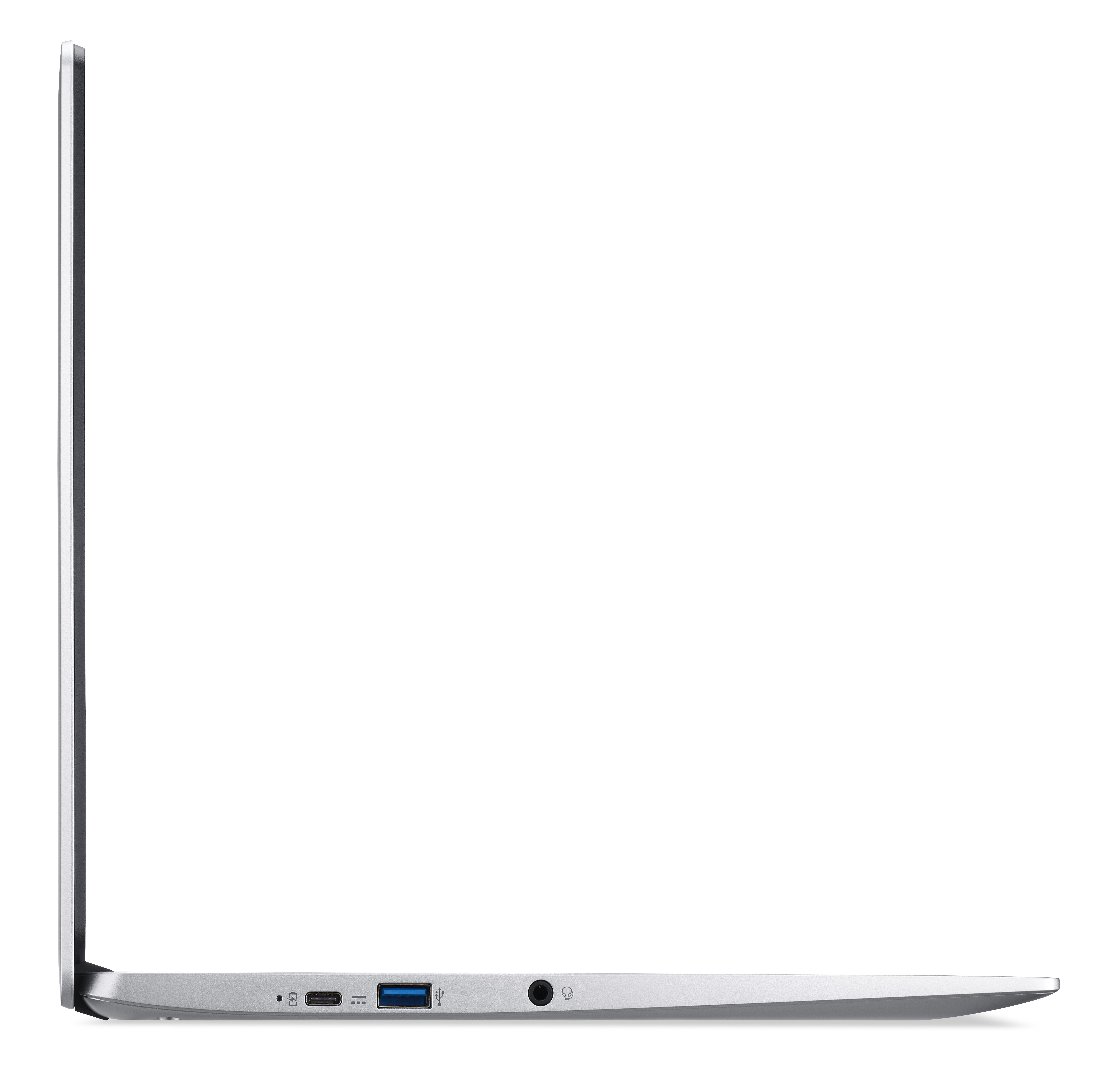 Seitenansicht eines silbernen Laptops mit Anschlüssen und Bildschirm.