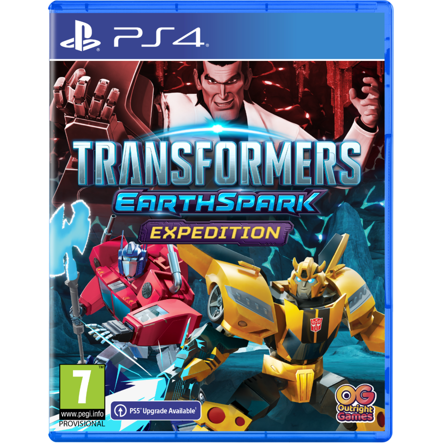 PS4 game cover voor Transformers: Earthspark Expedition. Bevat robots en een menselijk personage.