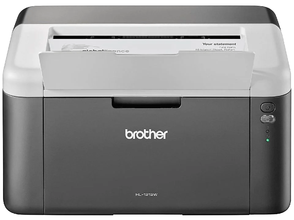 Impresora Brother, negro y gris, con documento dentro, vista en ángulo, parte superior blanca.