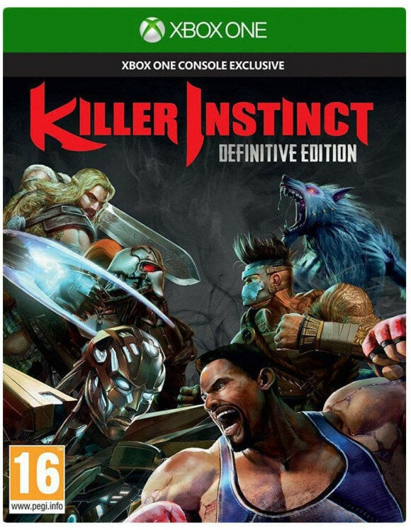 Okładka Killer Instinct: Definitive Edition. Przedstawia kilka postaci, w tym wilkołaka, cyborgi i muskularnego mężczyznę.