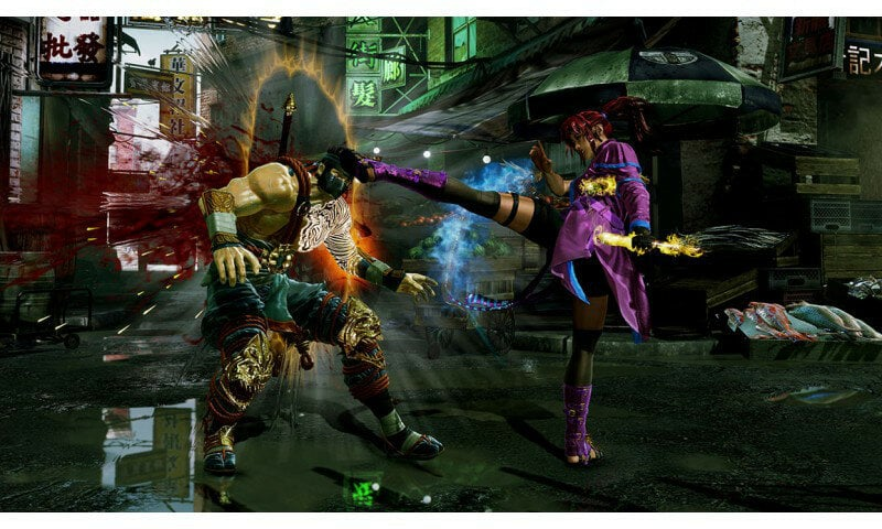 Kobieta walcząca kopie mężczyznę na ulicy. Widoczne rozpryski krwi i efekty energii. Scena jest pełna akcji.