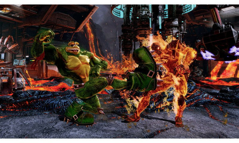 Postać podobna do żaby kopie ognistą postać w wulkanicznym otoczeniu. Lawa płynie, a scena ma ciemne, przemysłowe tło.