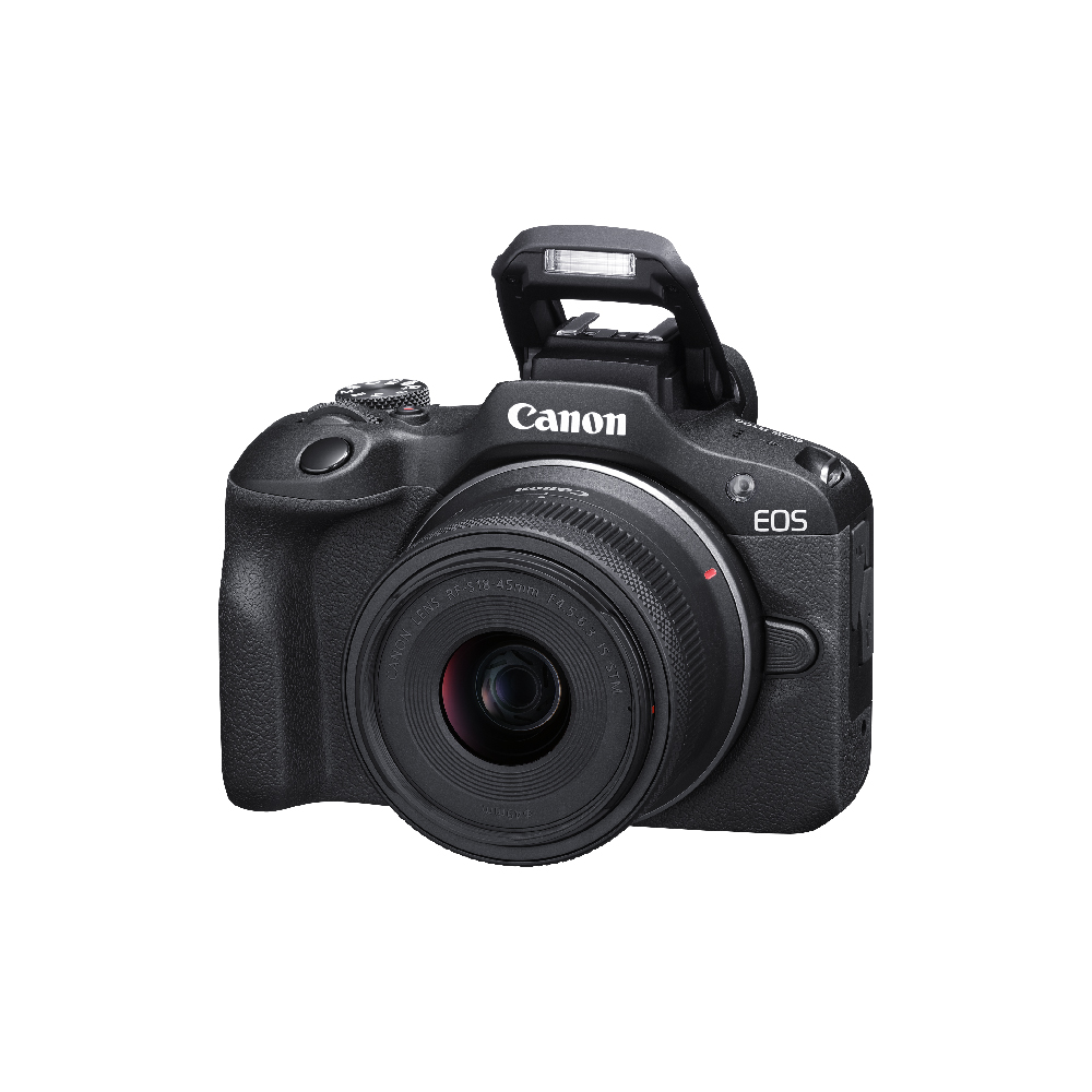 Siyah Canon EOS kamera, lens ve flaş ile.