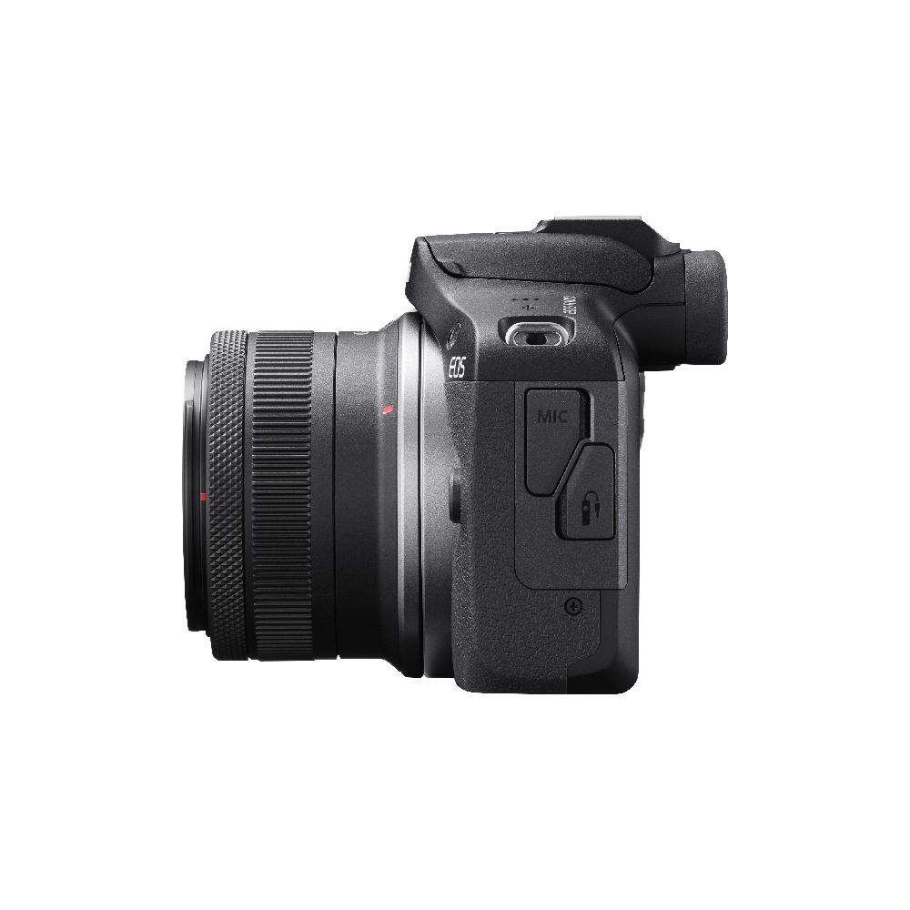 Yanında bir lens bulunan siyah bir Canon EOS kameranın yan görünümü.