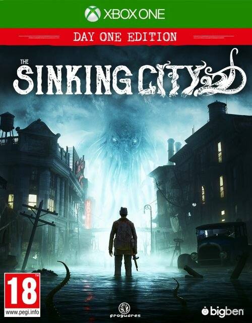 Pudełko z grą: "The Sinking City", osoba w wodzie, ciemne budynki i duży potwór.