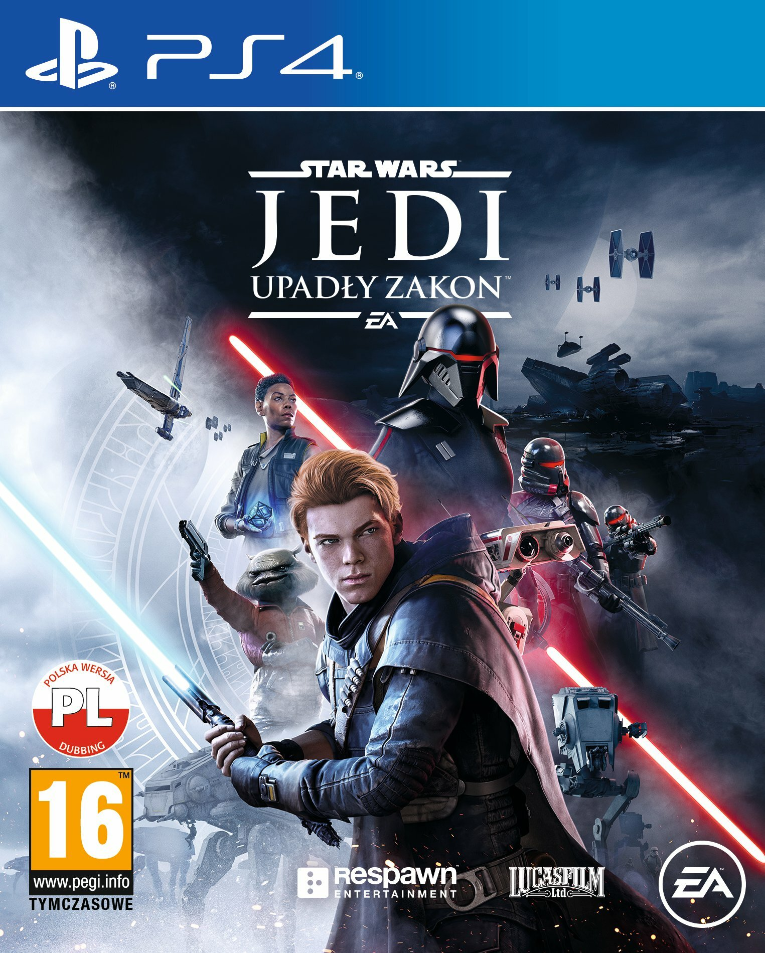 Okładka gry PS4: Star Wars Jedi. Główny bohater z mieczem świetlnym, ciemnym hełmem i inne postacie.