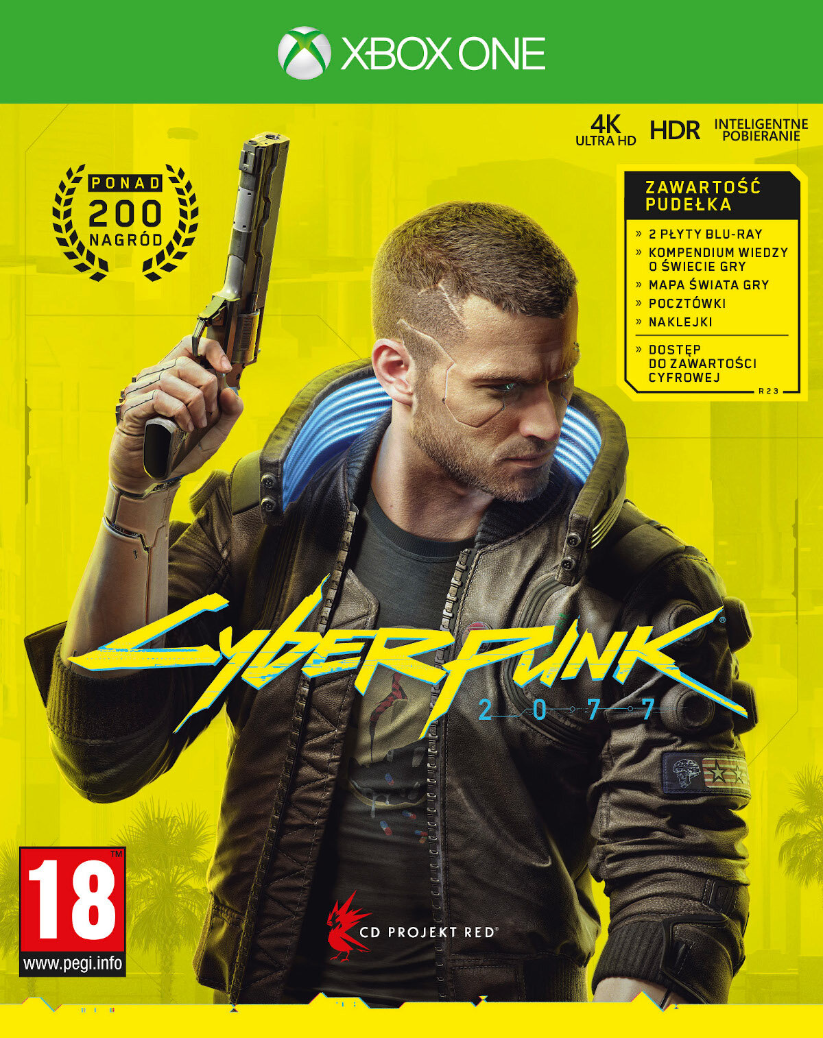 Grafika pudełka do gry Cyberpunk 2077. Mężczyzna z pistoletem stoi przed tytułem.
