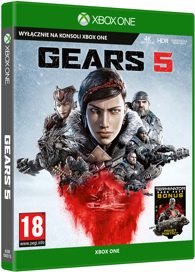 Pudełko gry Gears 5 na Xbox One. Zawiera postacie, tytuł i logo na białym i zielonym tle.