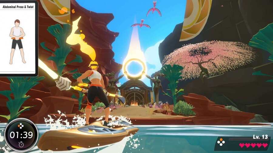 Scena z gry wideo z osobą na pojeździe wodnym. Interfejs gry jest również widoczny.