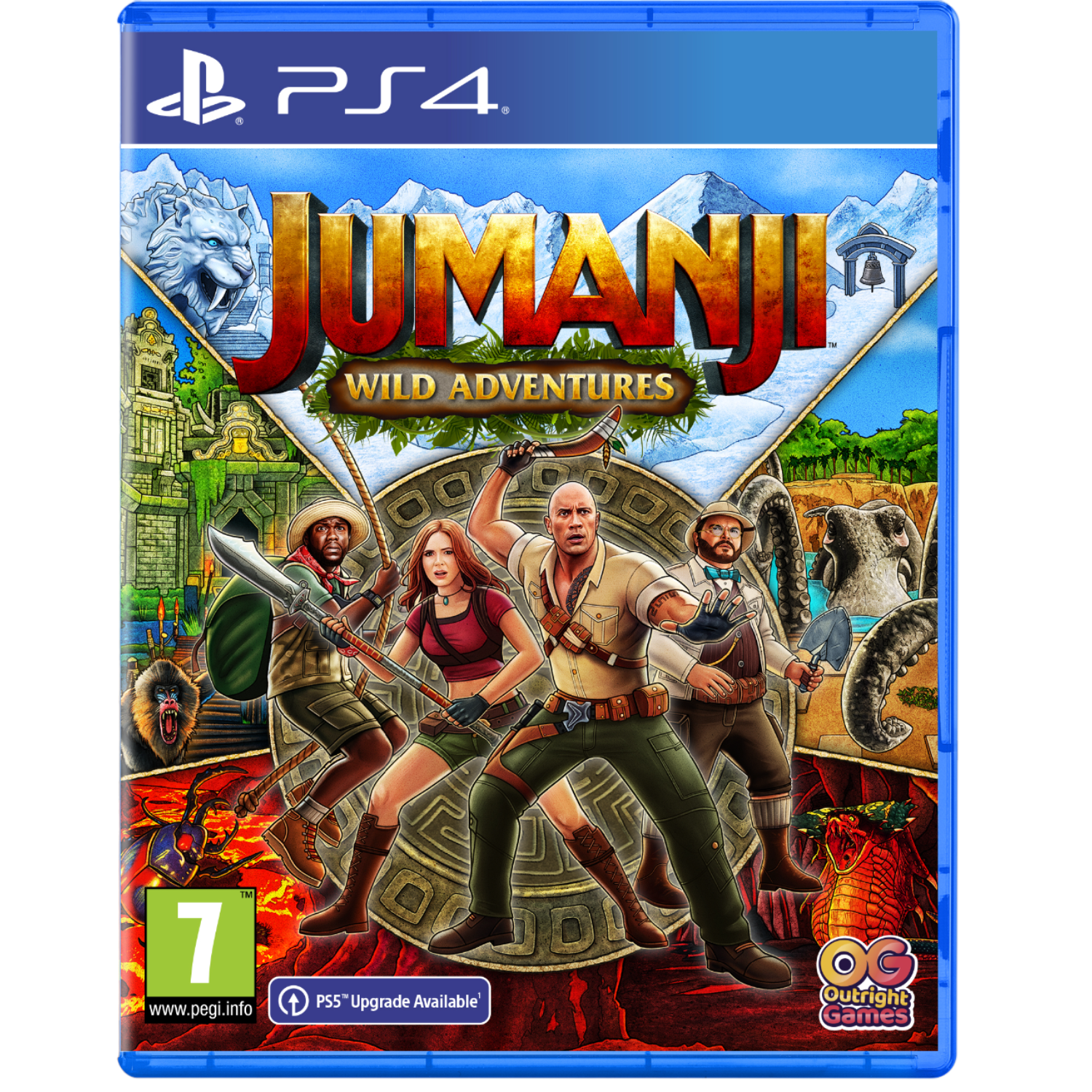 Jumanji: Wild Adventures PS4 gamecover. Toont vier personages in actie, jungle-achtergrond en titel.