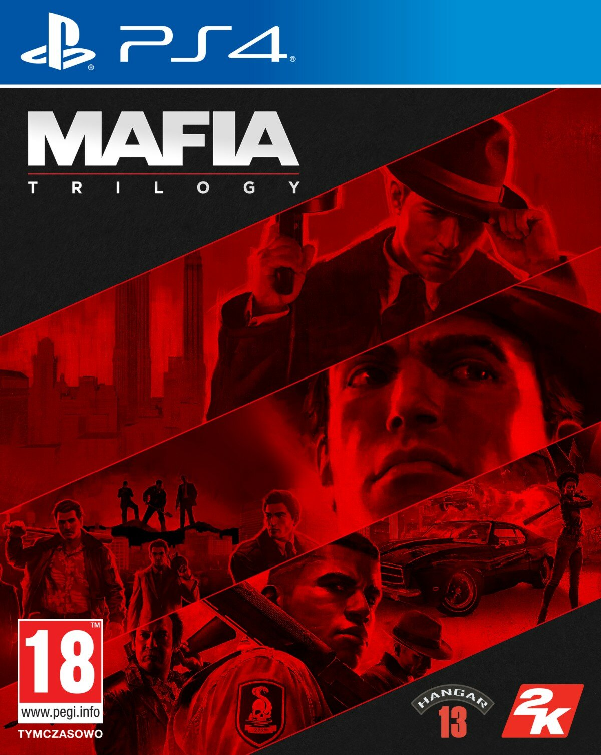 Okładka gry Mafia Trilogy na PS4. Postacie w garniturach, broń i panorama miasta w czerwieniach.