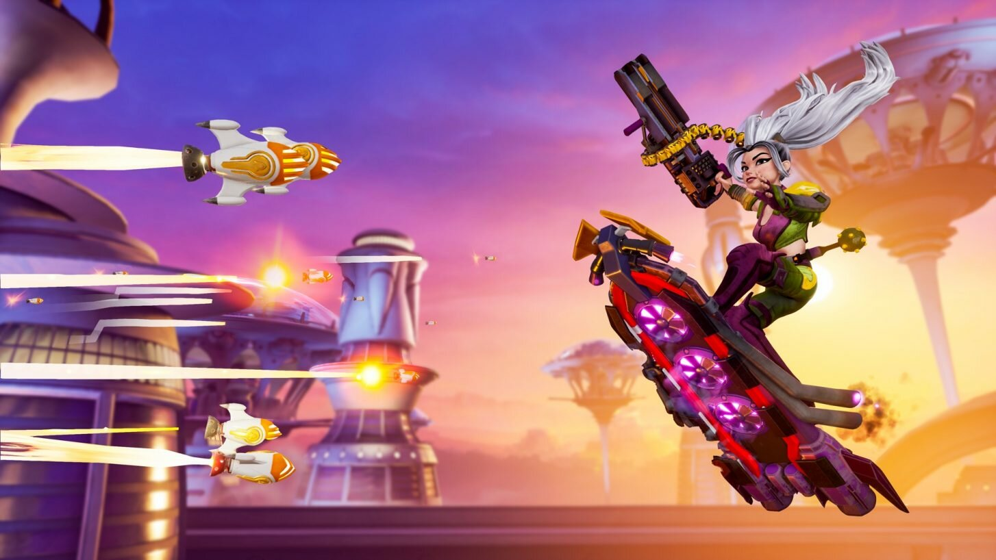 Futurystyczna scena z kobietą na pojeździe strzelającą, statkami kosmicznymi i miastem.