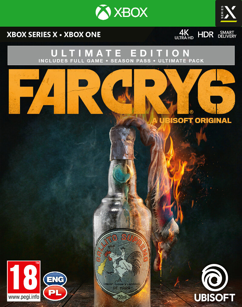 Okładka gry Far Cry 6. Butelka z płonącą szmatą, tytuł gry, logo Xbox i klasyfikacja PEGI.