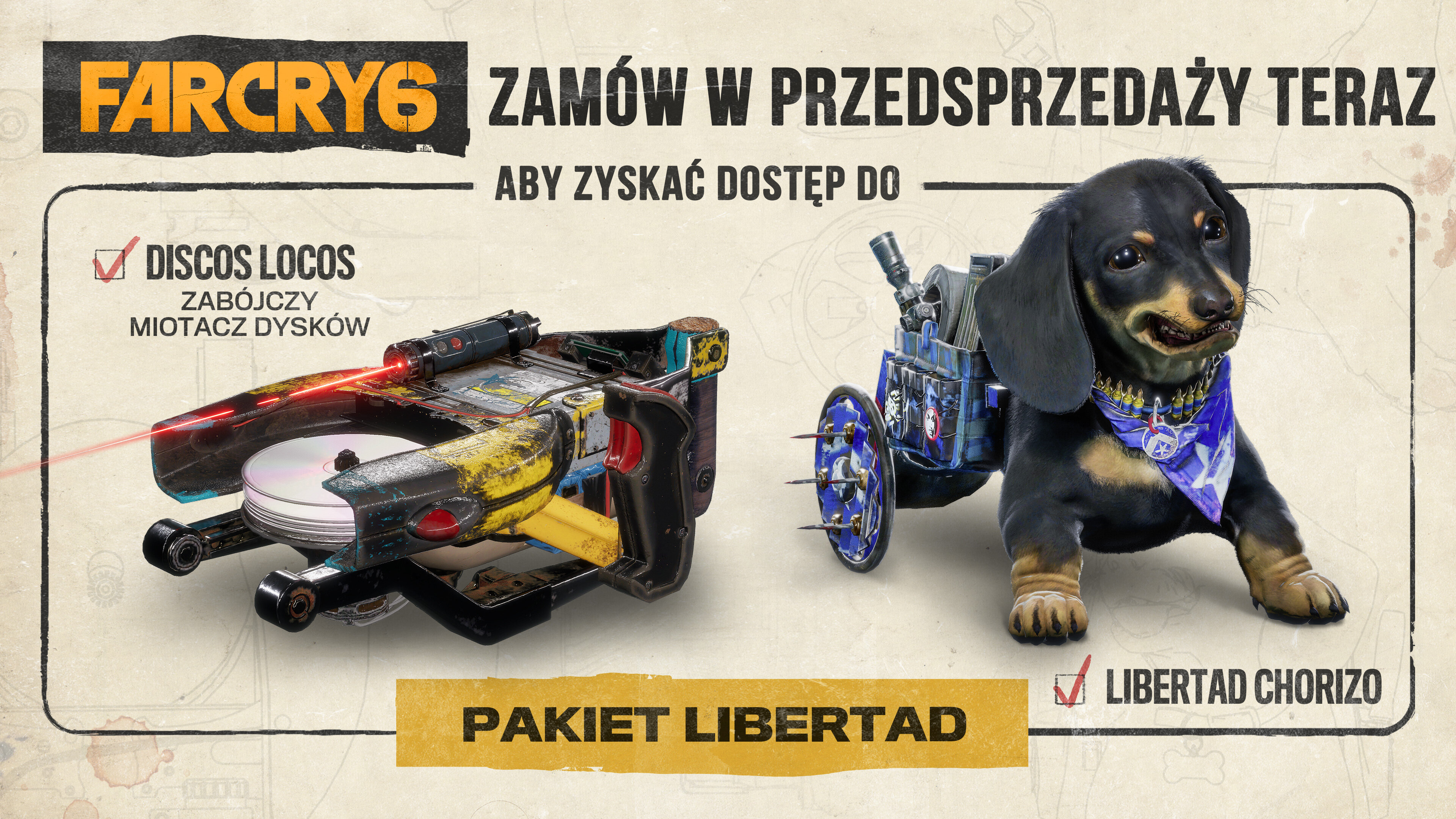 Reklama Far Cry 6. Pokazuje uzbrojony gramofon i jamnika z wozem. Zawiera tekst: 'Zamów teraz'.