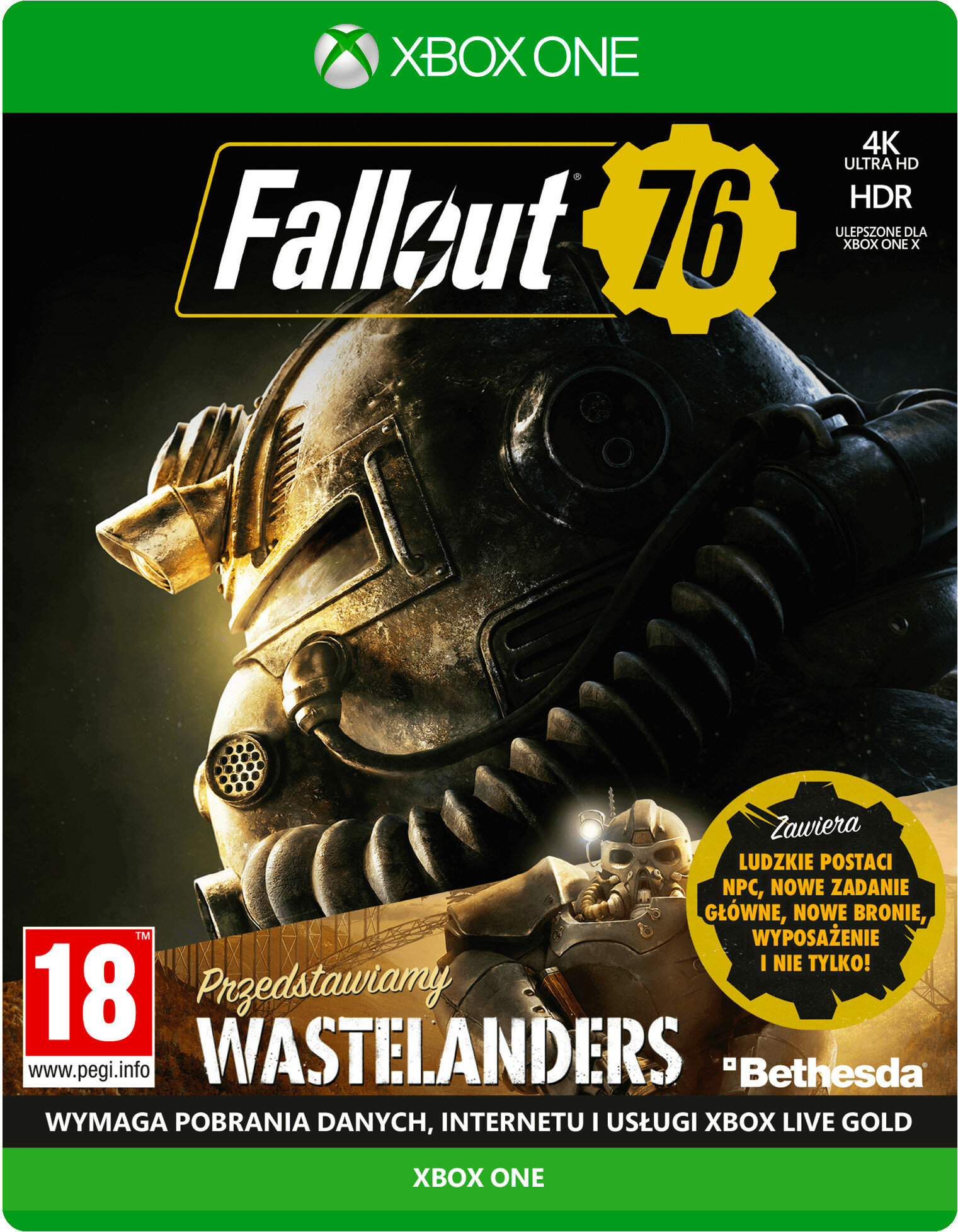 Pudełko gry Fallout 76 Xbox One. Pokazuje hełm żołnierza. Zielone tło z tekstem.