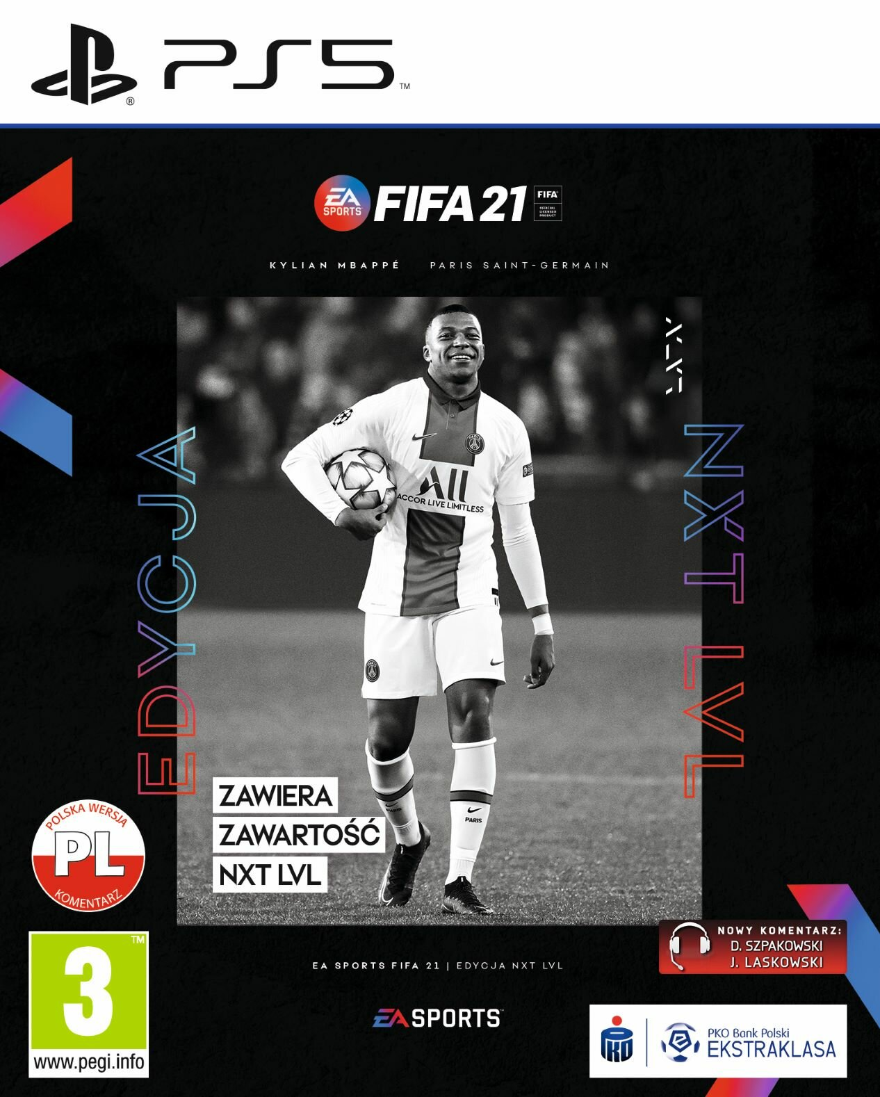 Okładka gry FIFA 21 z Kylianem Mbappe, logo gry i logo PS5.