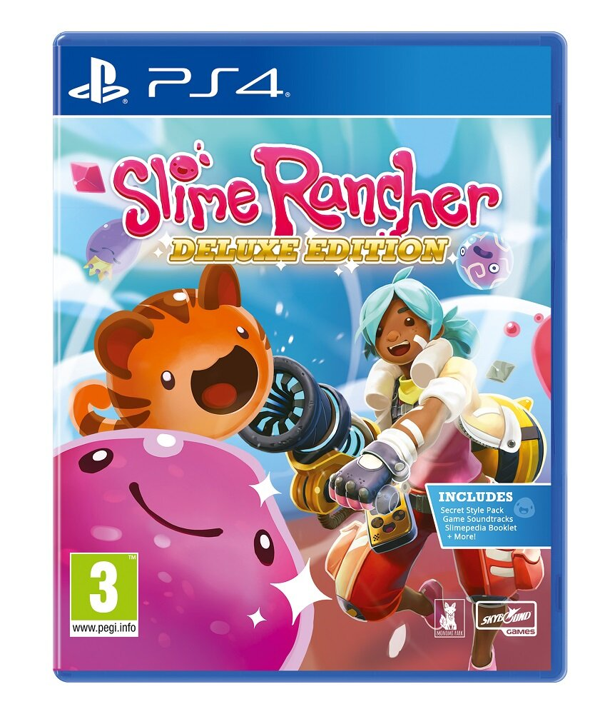 Opakowanie gry Slime Rancher Deluxe Edition PS4. Kolorowa okładka, zawiera postać i tytuł gry.