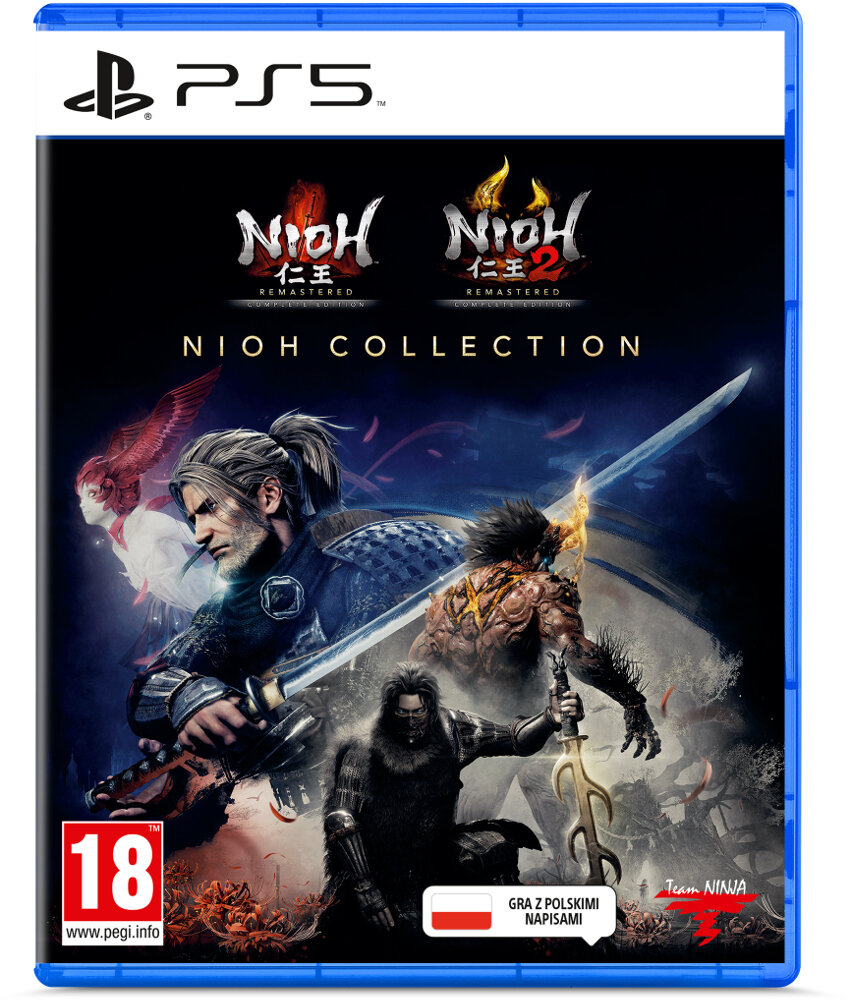 Okładka gry PS5: Nioh Collection, z postaciami z mieczami i płomieniami.