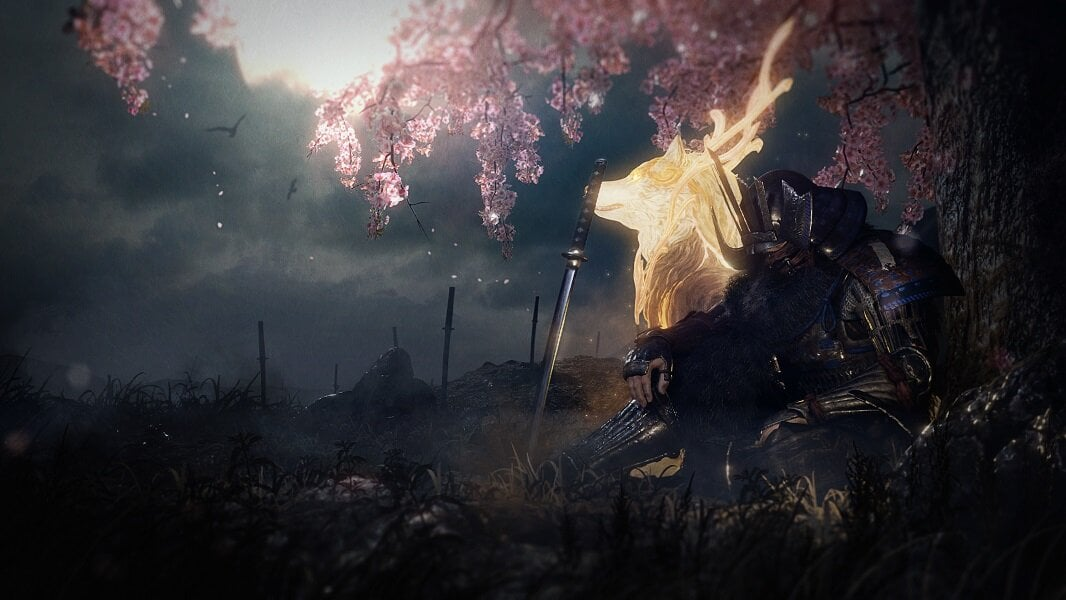 Samuraj odpoczywa pod drzewem z pobliskim świecącym duchem jelenia, scena nocna.