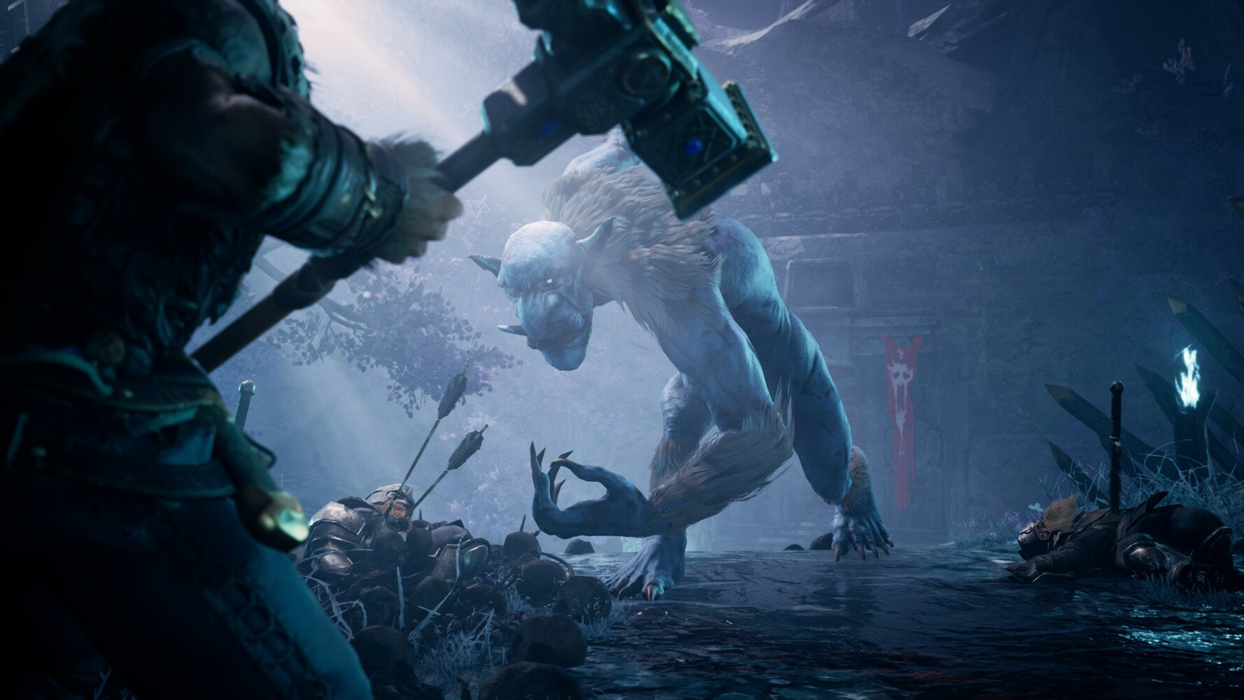Potwór atakuje dwie postacie w mrocznej, fantastycznej scenie z gry wideo.