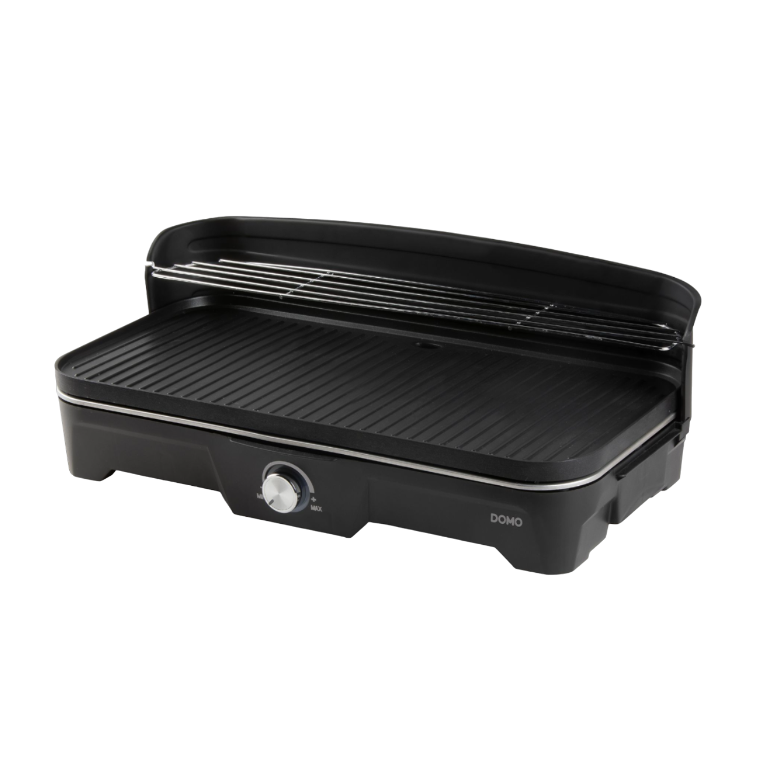 Zwarte elektrische grill met een zilveren frame en een temperatuurregelknop. Zwarte achtergrond.