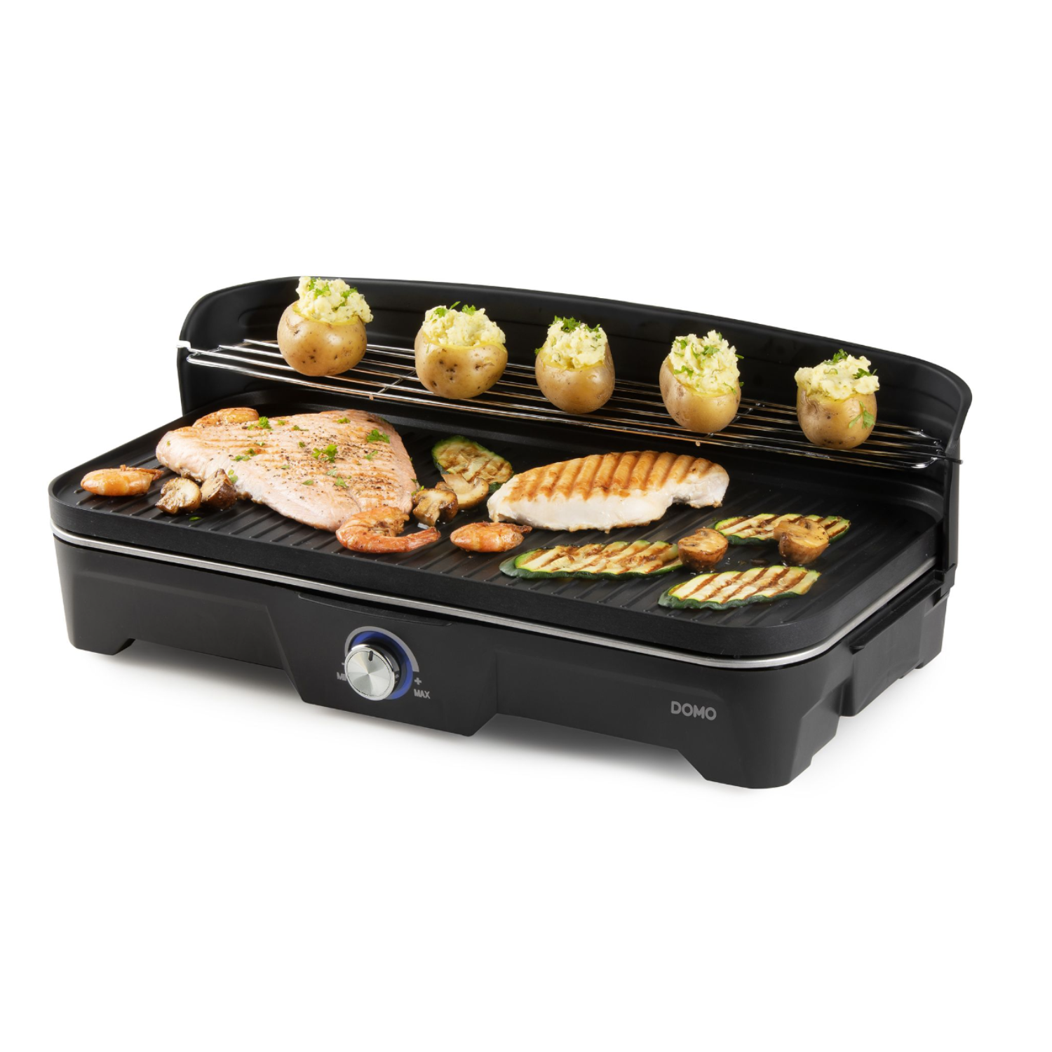 Een zwarte elektrische grill met eten. Inclusief gegrilde groenten, vlees en gevulde aardappelen.