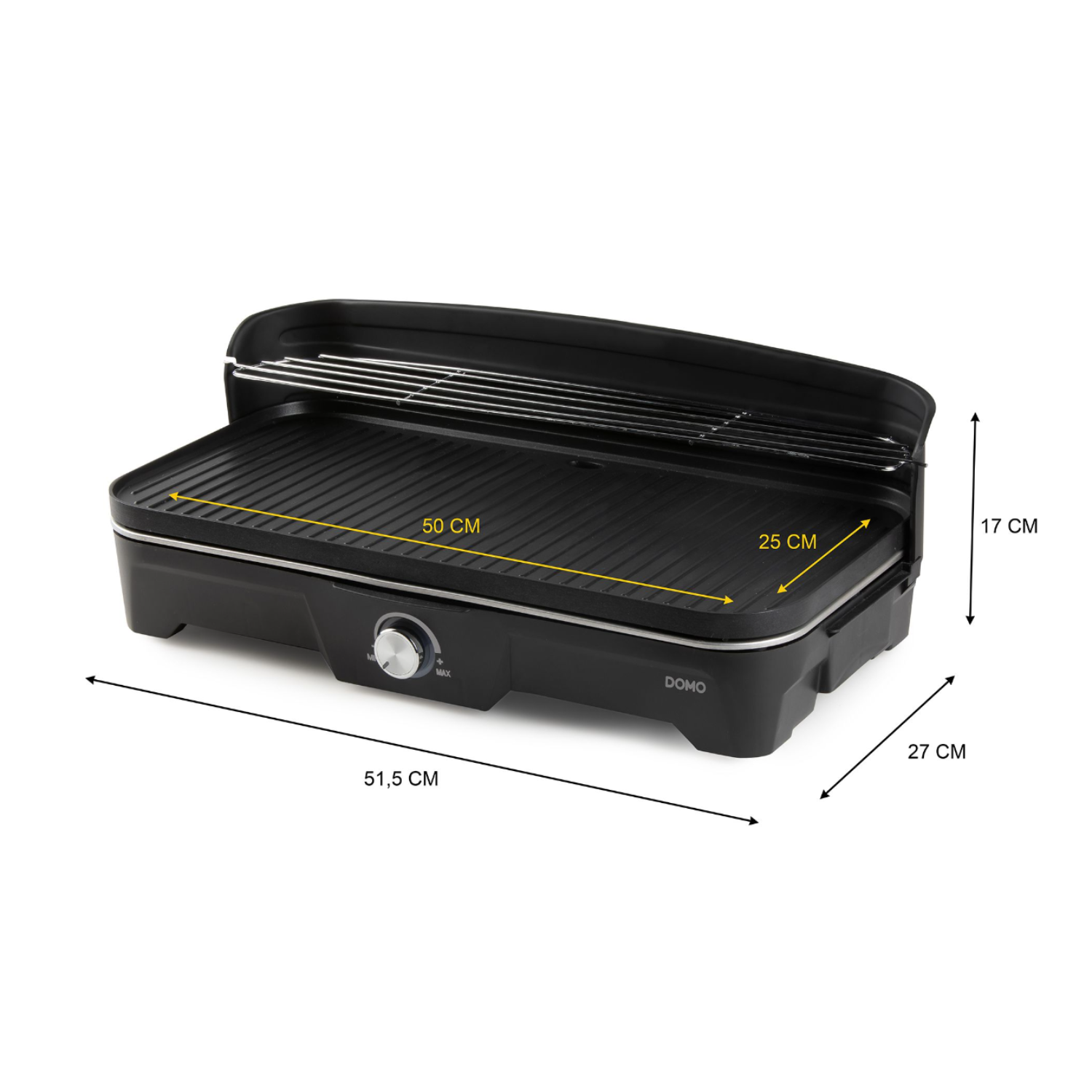 Zwarte elektrische grill met afmetingen. Een zilveren grill en een bedieningsknop zijn zichtbaar.