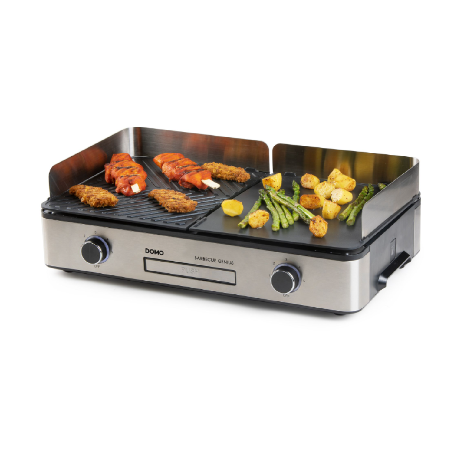 Barbecue grill met eten. Bevat gekookt vlees, groenten en grillbediening. Roestvrijstalen design.