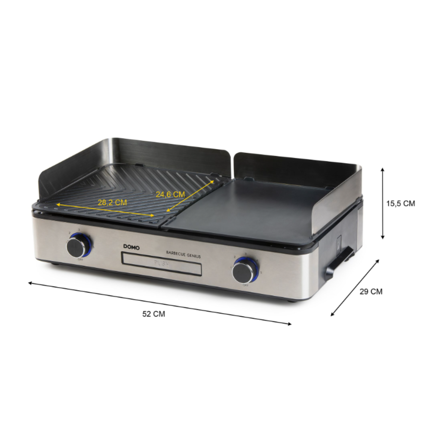 Een roestvrijstalen barbecue met twee kookoppervlakken en bedieningsknoppen.