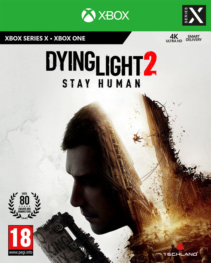 Pudełko z grą Dying Light 2 na Xbox Series X. Mężczyzna patrzący w dół na miasto.