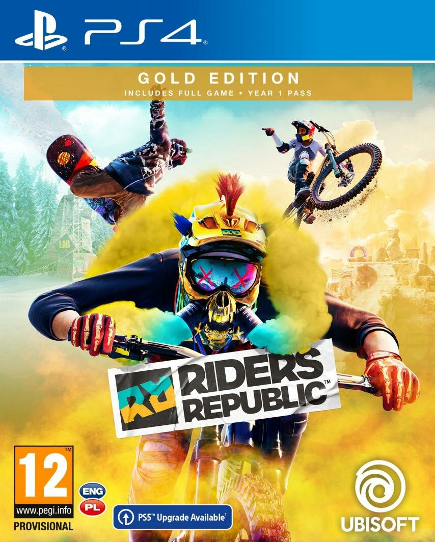 Okładka gry Riders Republic na PS4. Zawiera zawodników na rowerach i snowboardach.