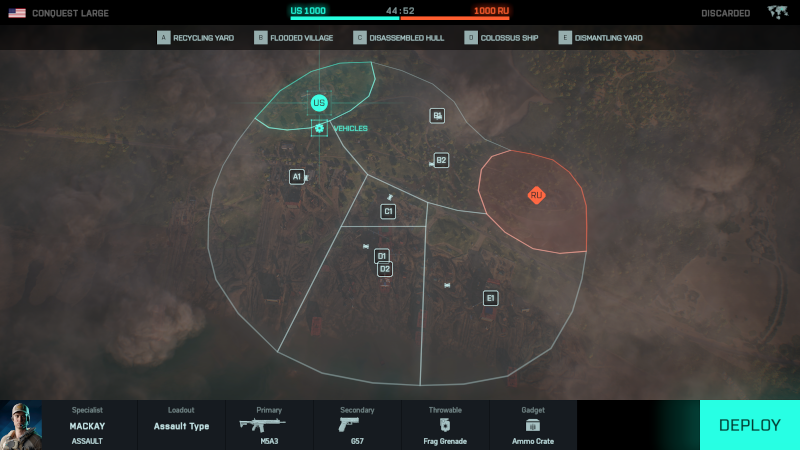 Mapa Battlefield. Zaznaczone terytoria USA i RU. Wyświetla grę.