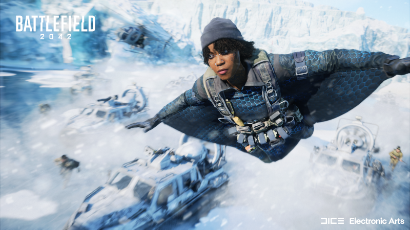 Kobieta w wingsuicie leci w powietrzu, otoczona śniegiem i helikopterami, z Battlefield 2042.