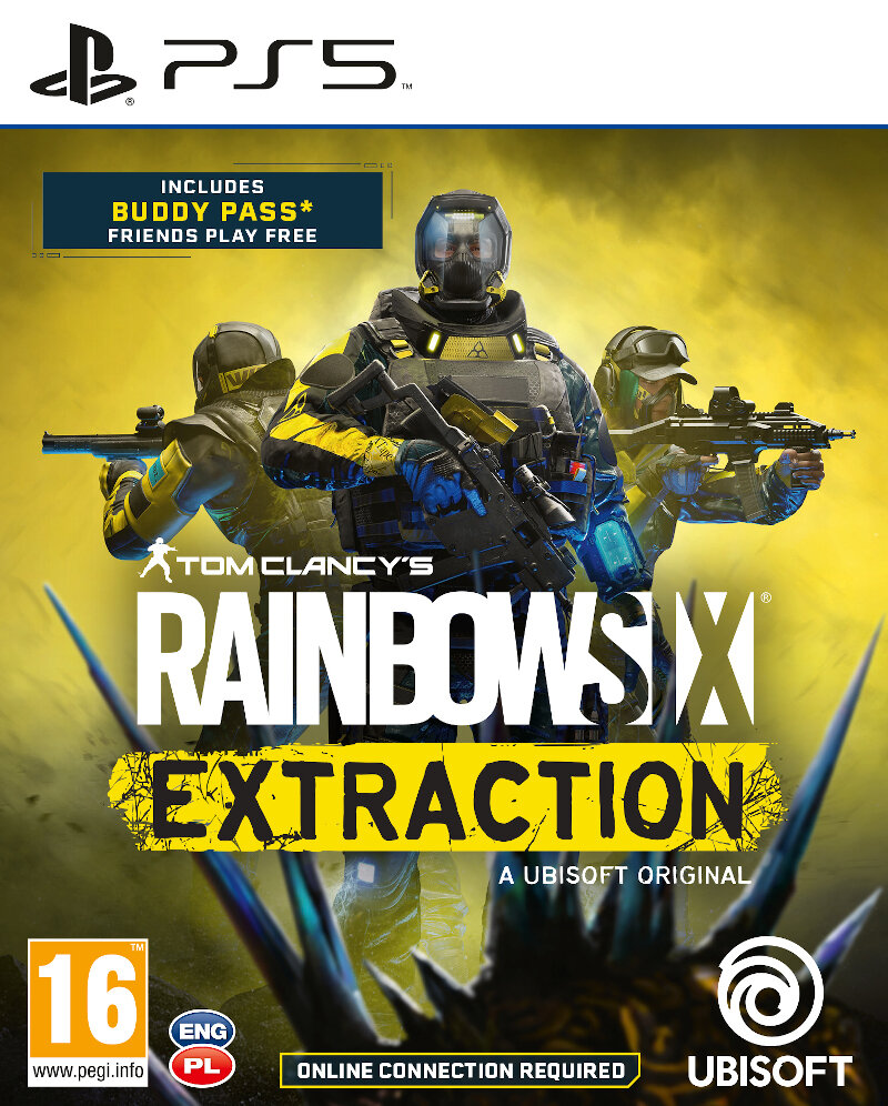 Okładka gry Tom Clancy's Rainbow Six Extraction. Trzech żołnierzy z bronią, żółte tło.