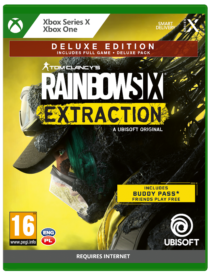 Pudełko z grą. Żołnierz z maską gazową. Tytuł: Tom Clancy's Rainbow Six Extraction. Logo Xbox Series X.