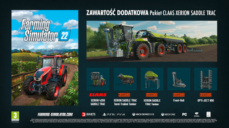 Pudełko z grą Farming Simulator 22 i dodatkowa zawartość. Zawiera ciągnik i inne narzędzia rolnicze.