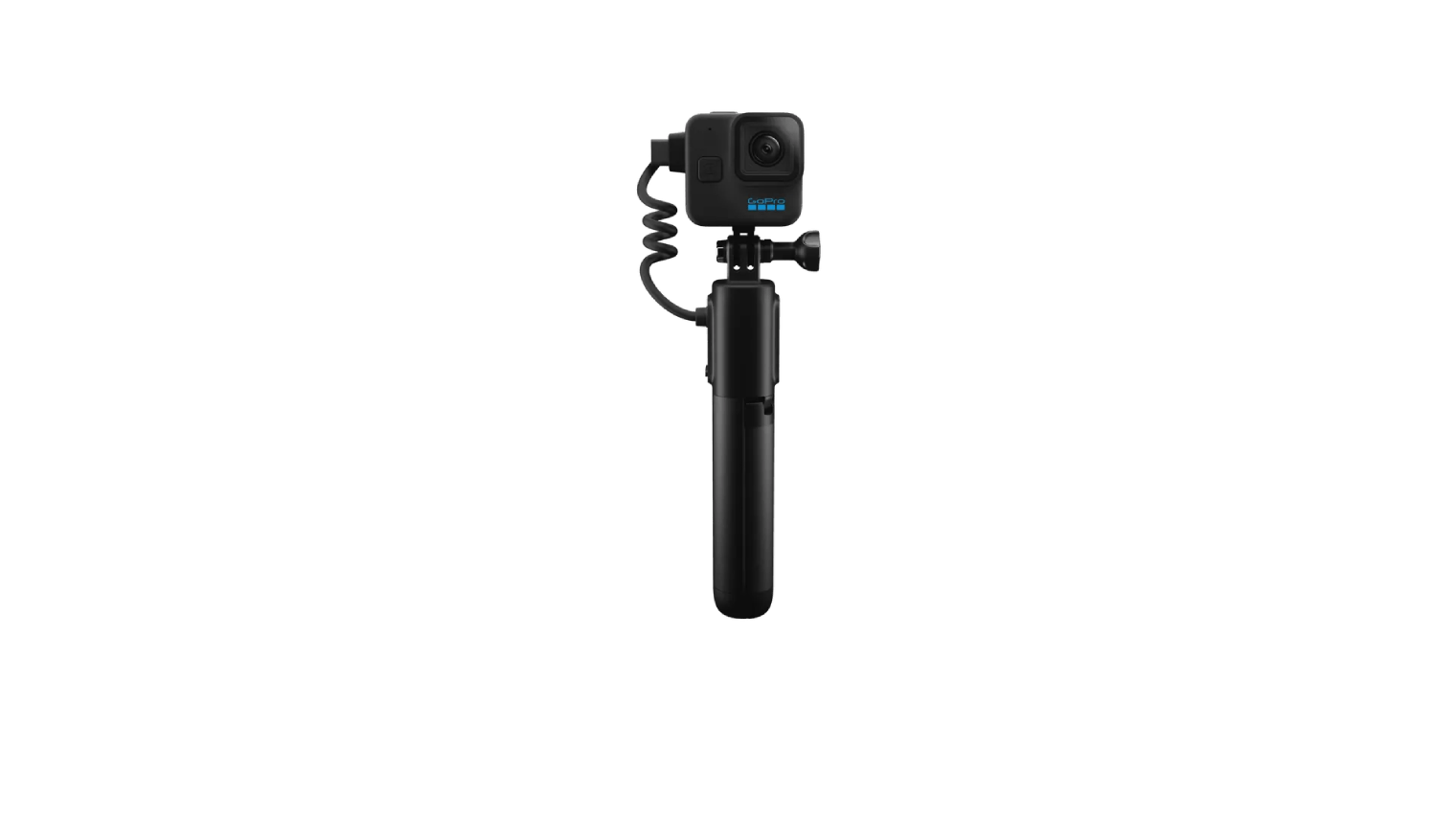 Cámara GoPro negra con un asa. El asa está extendida y el fondo es negro.