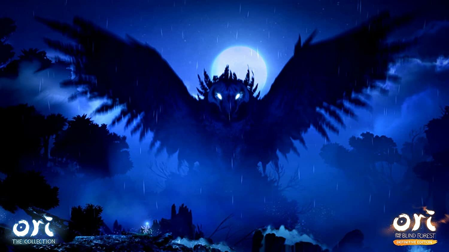 Duże stworzenie podobne do sowy w ciemnoniebieskim lesie.