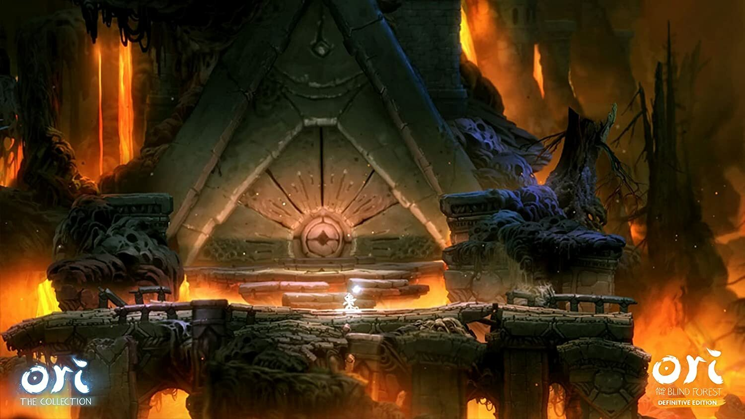 Kamienna konstrukcja w ciemnej jaskini jest oświetlona przez lawę. Mała, biała postać stoi na platformie.