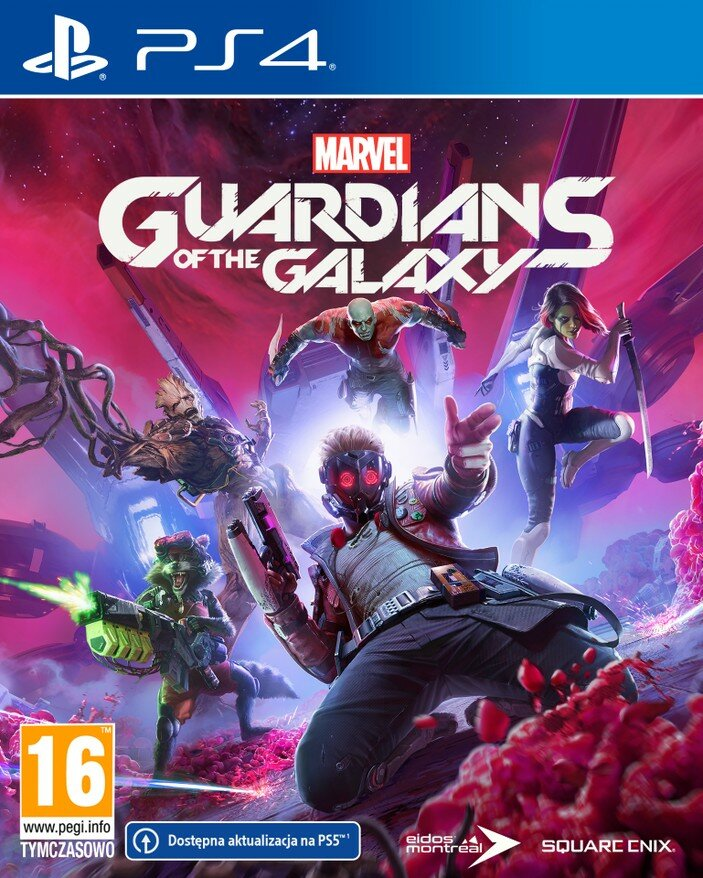 Okładka gry Marvel's Guardians of the Galaxy. Postacie w akcji, scena kosmiczna. Logo PS4 na górze.