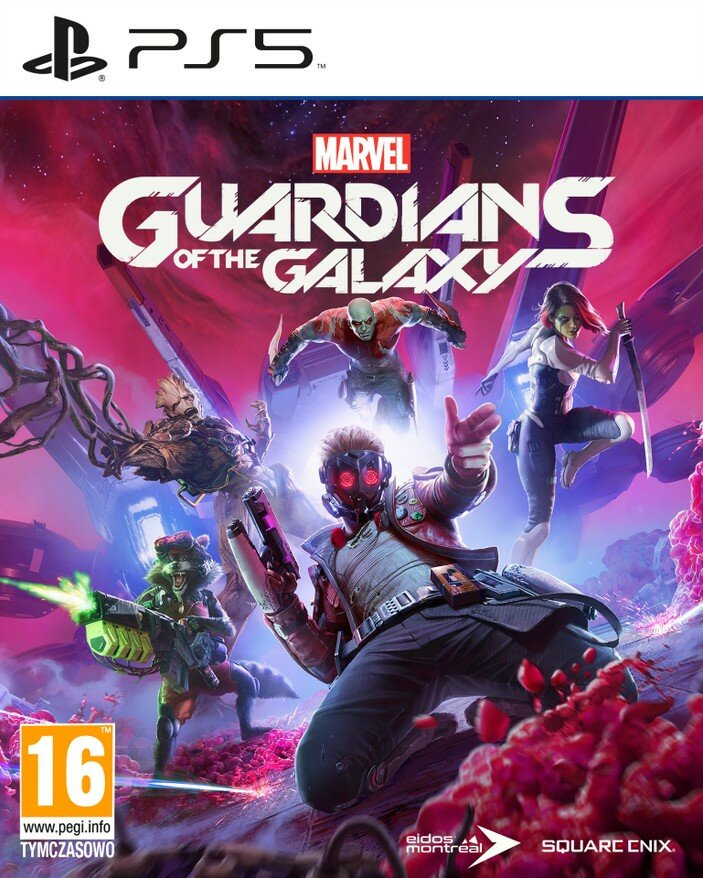Okładka gry Marvel's Guardians of the Galaxy na PS5. Postacie w akcji.