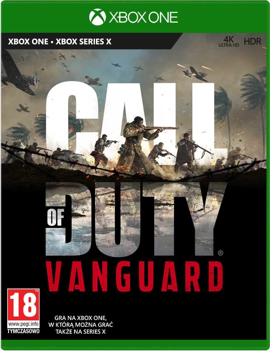 Pudełko z grą Call of Duty: Vanguard, z żołnierzami w scenie wojennej, Xbox One i Series X.