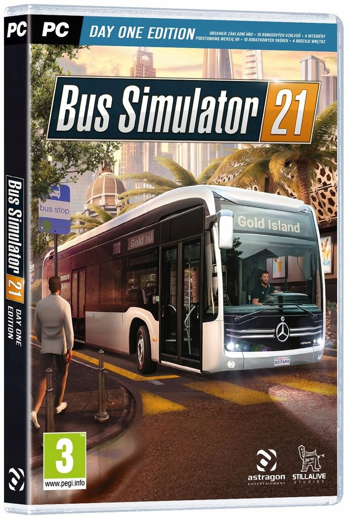 Okładka gry Bus Simulator 21. Autobus jedzie po drodze. Mężczyzna stoi przy znaku przystanku.