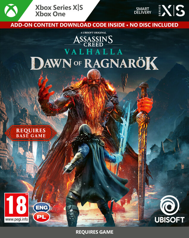 Pudełko z grą. Brodaty mężczyzna z mieczem. Tytuł: Assassin's Creed Valhalla Dawn of Ragnarök. Logo Ubisoft.
