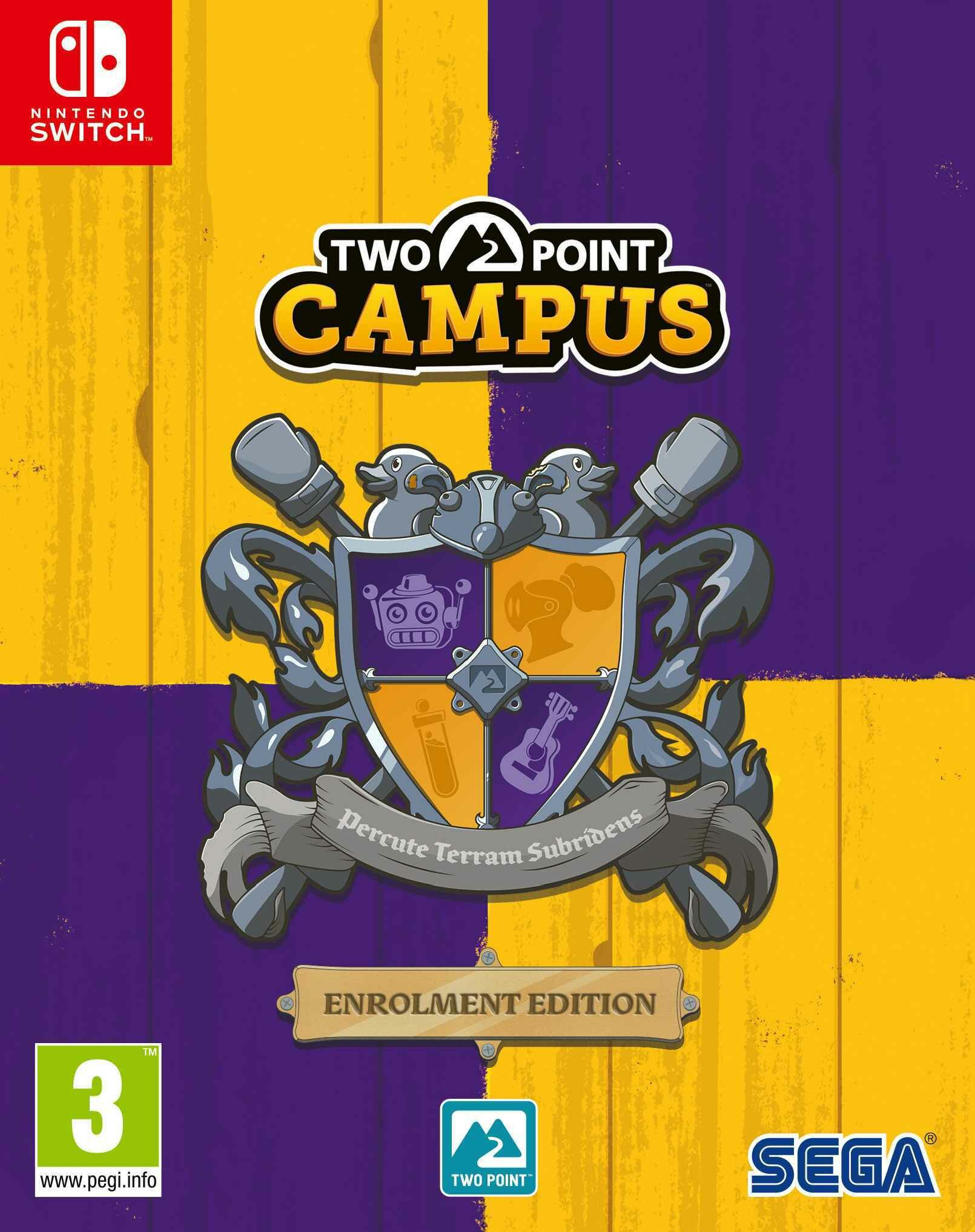 Okładka gry wideo. Logo gry na żółtym i fioletowym tle. Tytuł to 'Two Point Campus'.